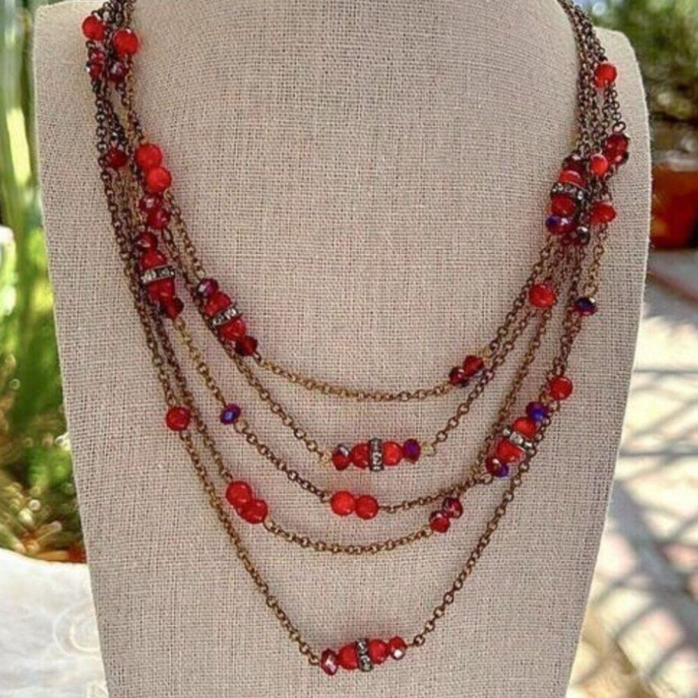Coldwater Creek Multistrand Red & Brass Necklace